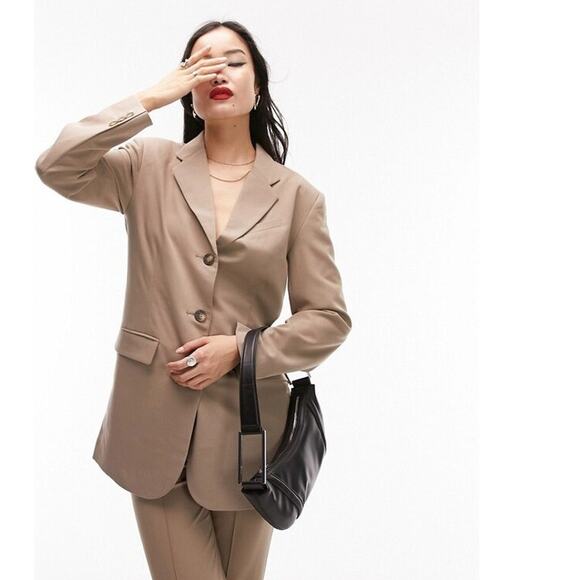 Topshop Belted Tunic Blazer Suit Jacket Tan Office Business Career Size 4 NEW - Picture 12 of 12